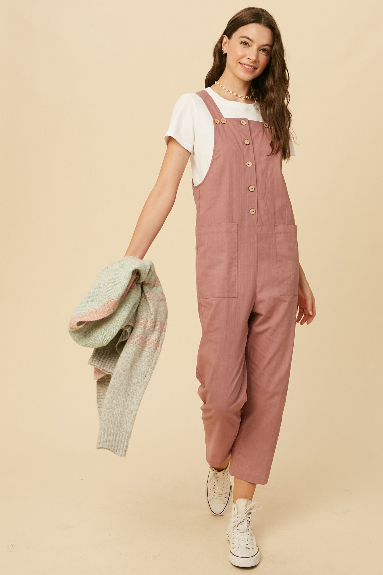 Button Down Jumpsuit - Red Bean
