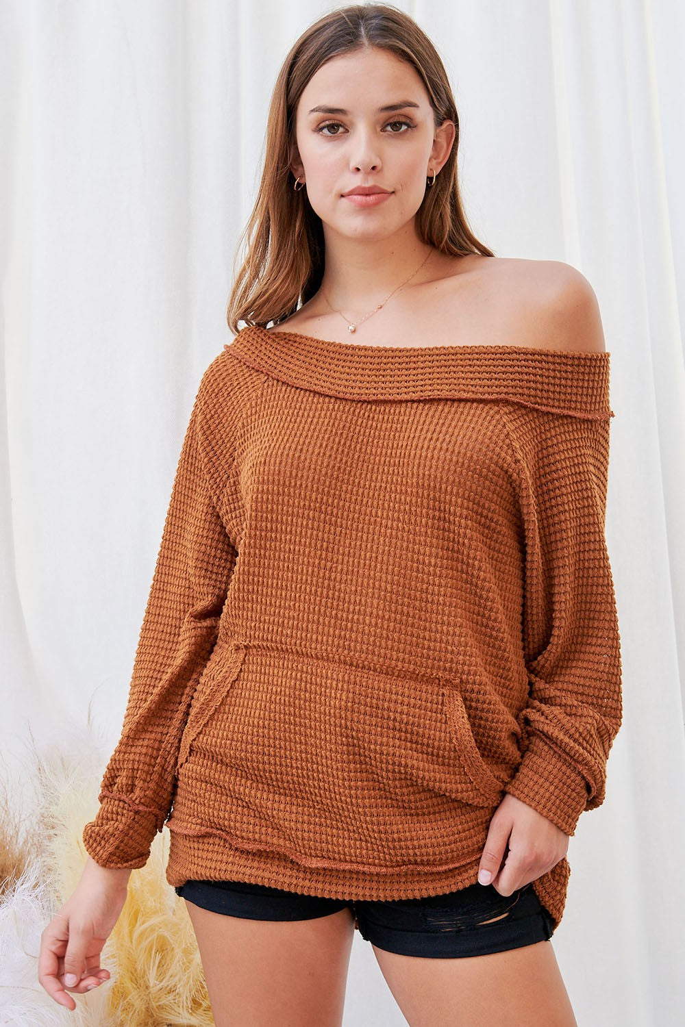 Solid Waffle Knit Fashion Top - Rust