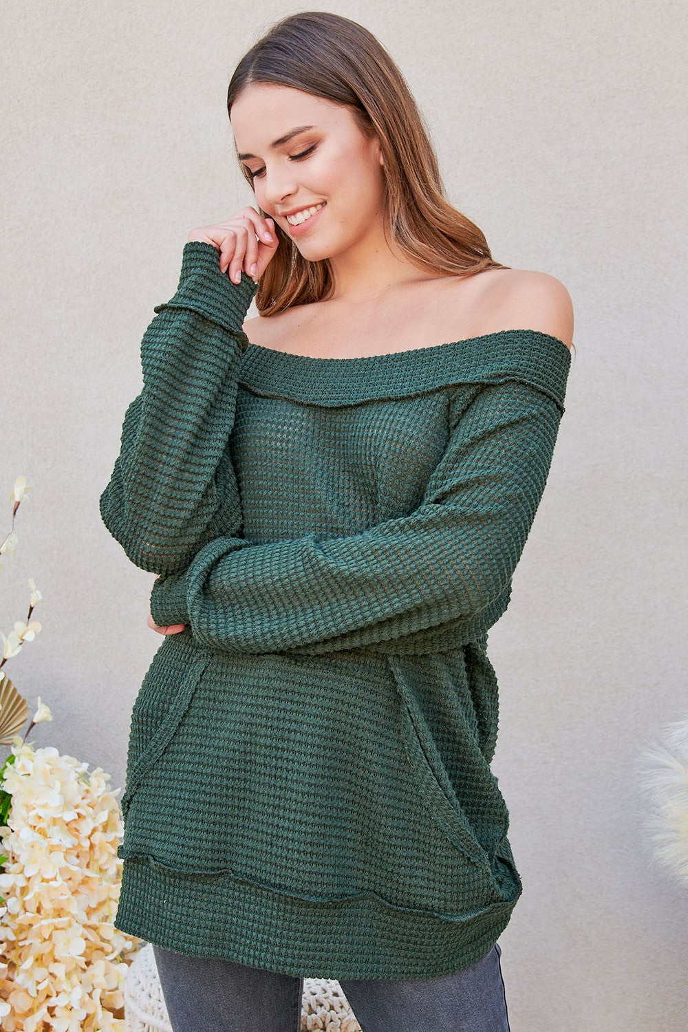 Solid Waffle Knit Fashion Top - Olive