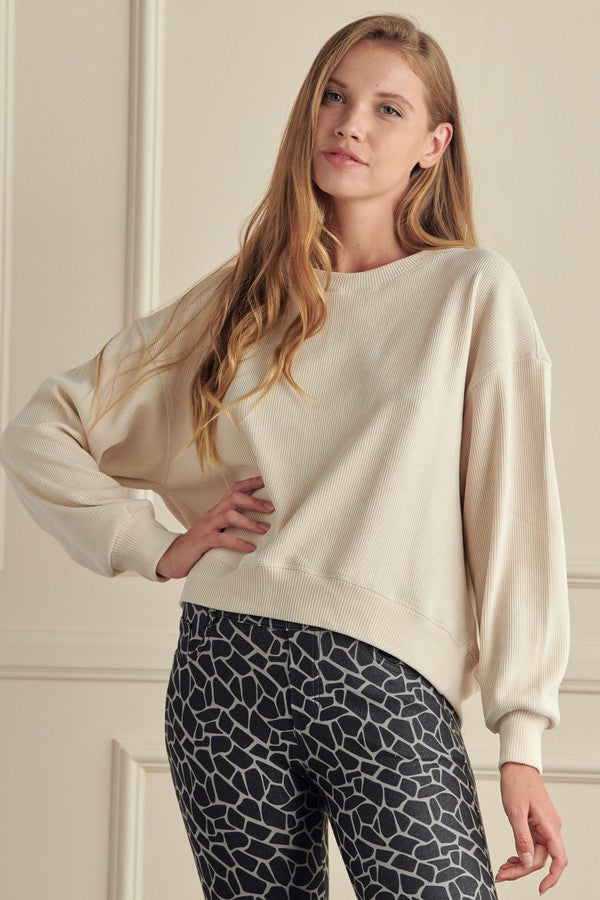 Relaxed Ribbed Corduroy Long Sleeve Top - Ivory