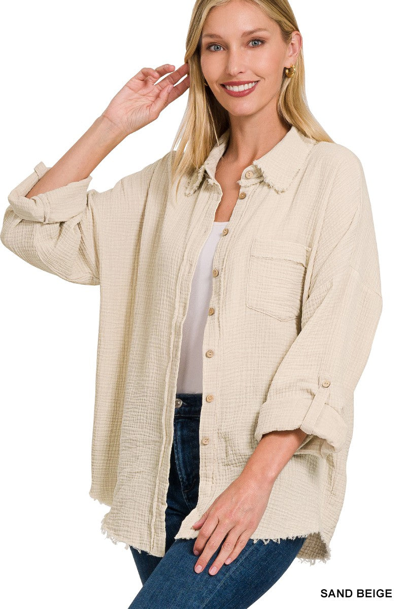 Washed Double Gauze Button Down Shirt - Sand Beige