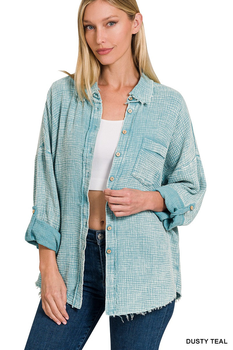 Washed Double Gauze Button Down Shirt - Dusty Teal