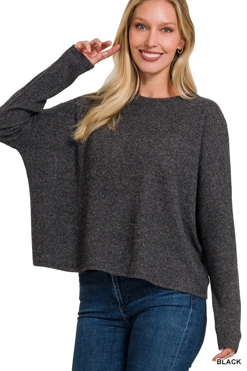 Ribbed Dolman Long Sleeve Sweater - Black