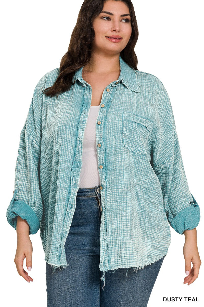 Washed Double Gauze Button Down Shirt - Plus - Dusty Teal