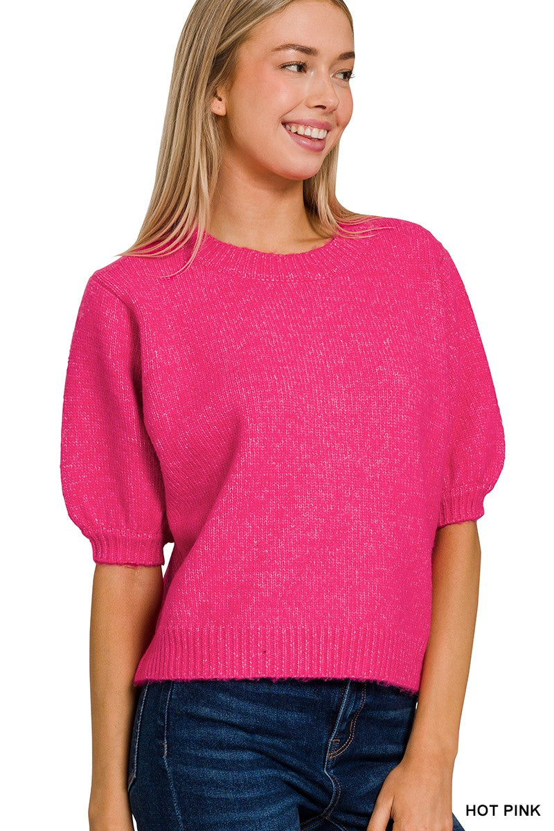 Melange Short Sleeve Round Neck Sweater - Hot Pink