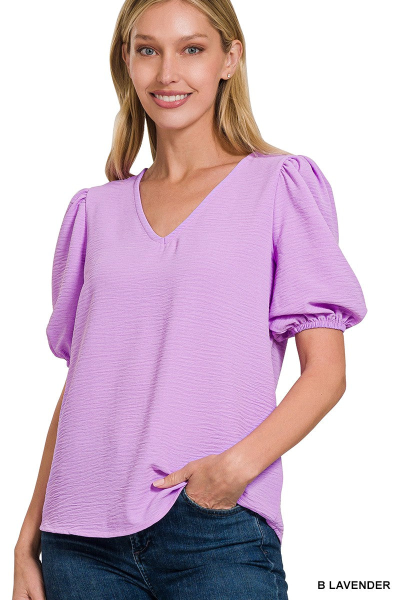 Woven V Neck Puff Sleeve Top