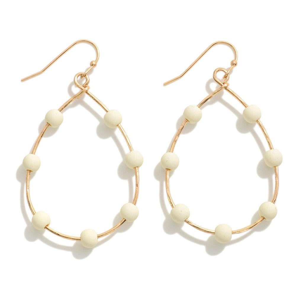 Wood Beaded Gold Tone Earrings - White