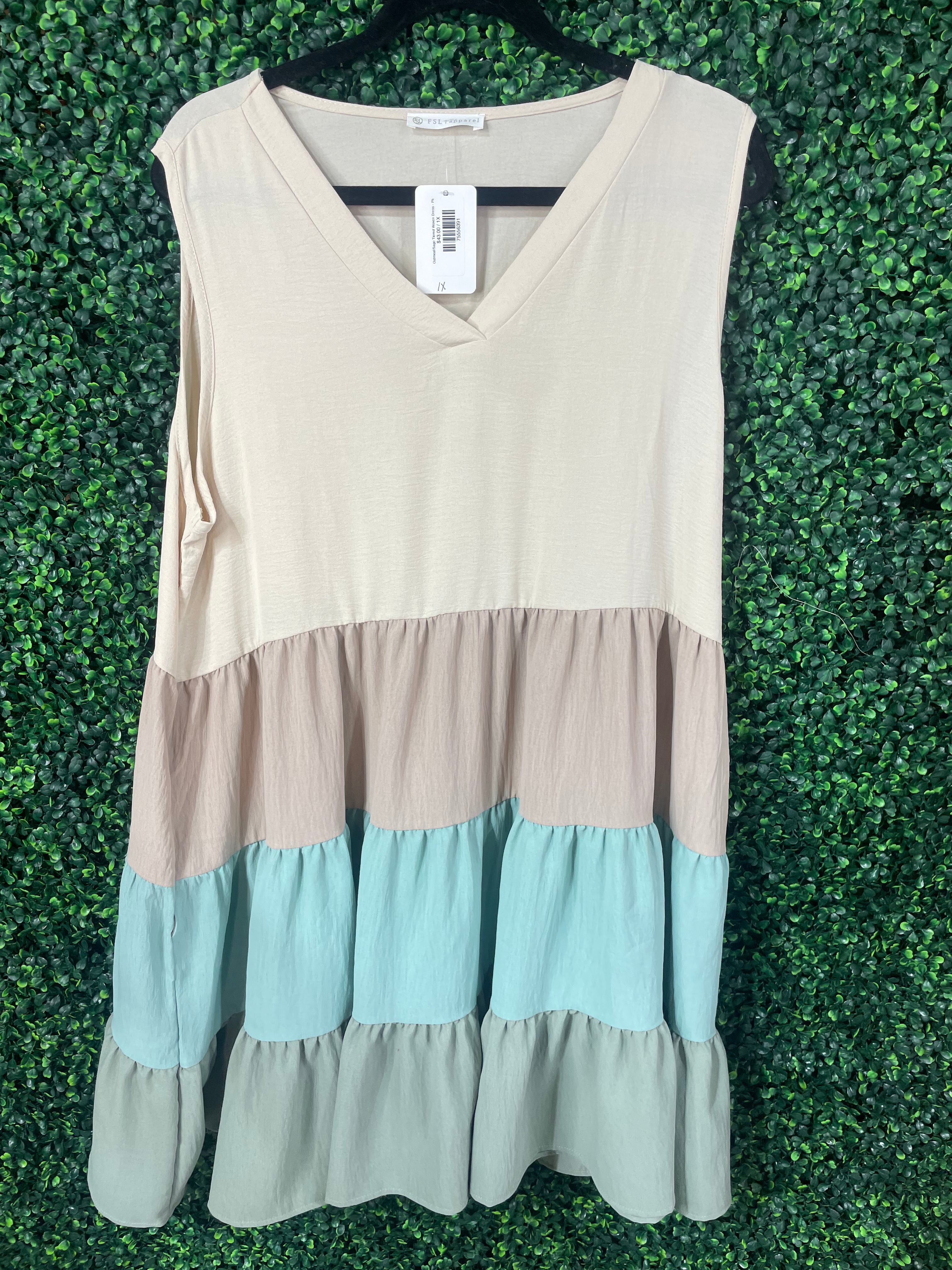 Oatmeal/Sage Tiered Woven Dress - Plus