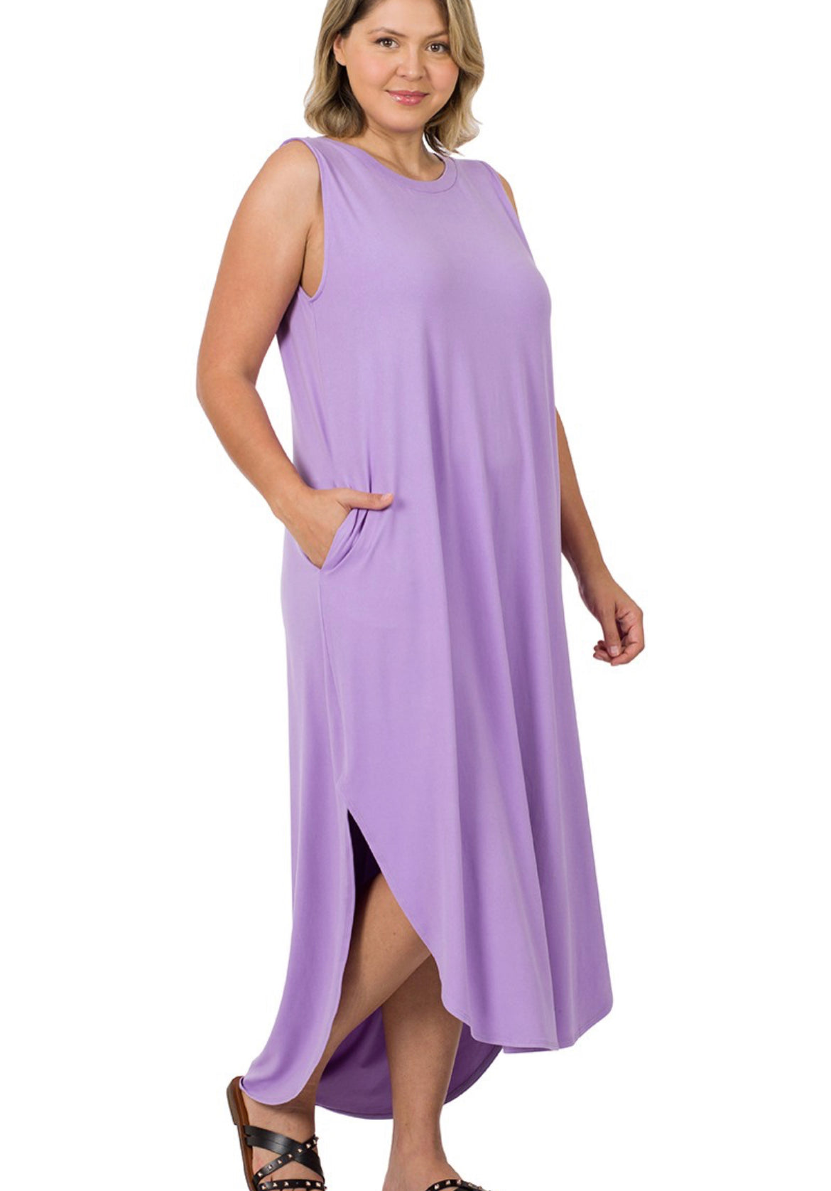 Lavender Side Slit Dress With Pockets- Plus