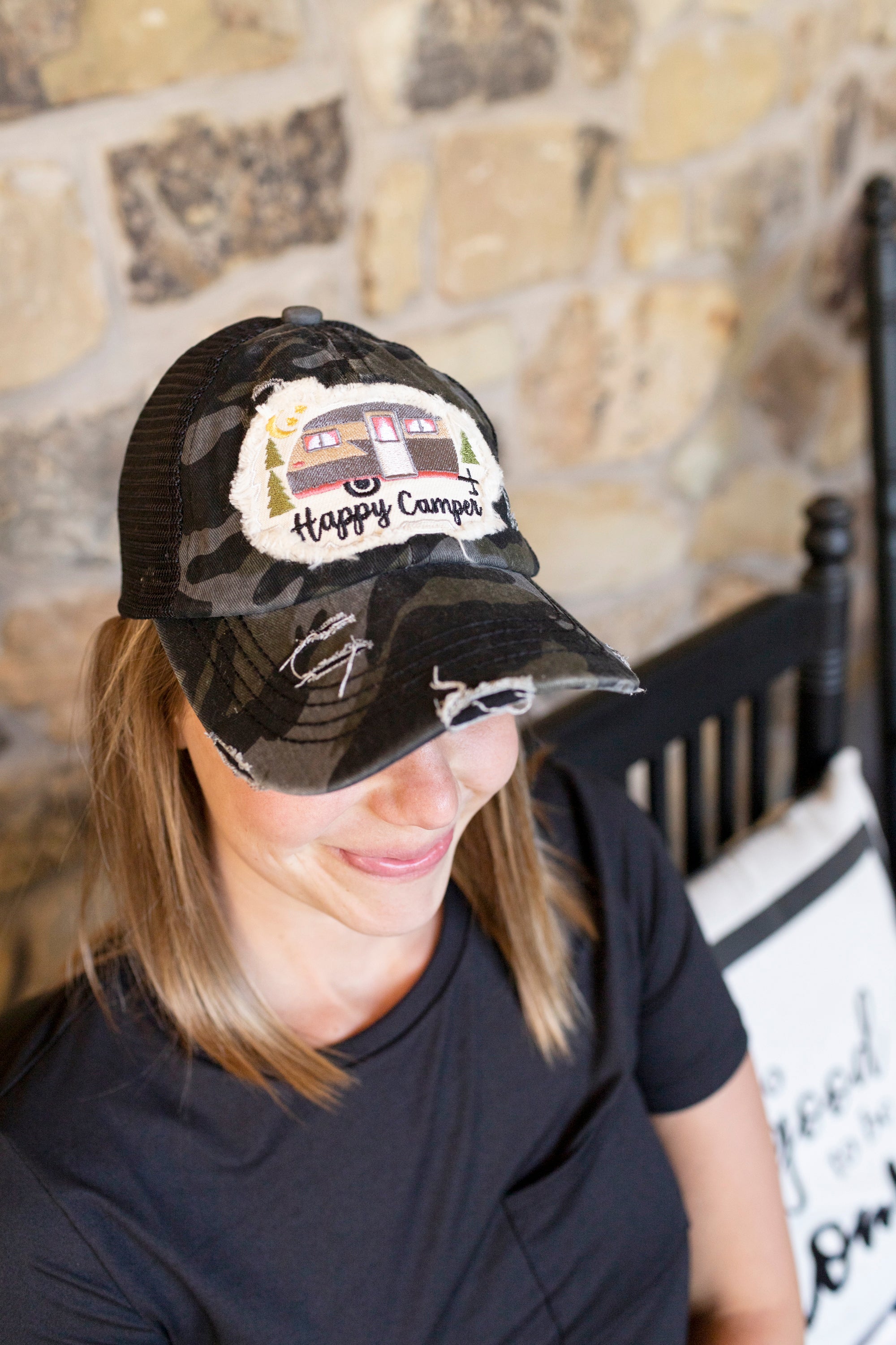 Happy Camper Hat - Black Camo