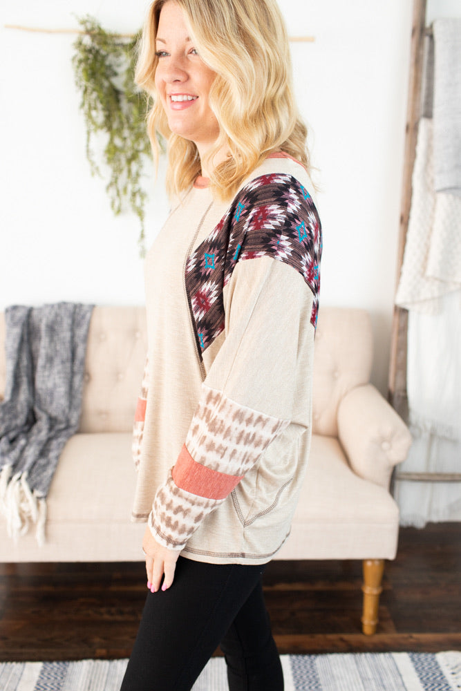Solid Mix Print Top - Oatmeal
