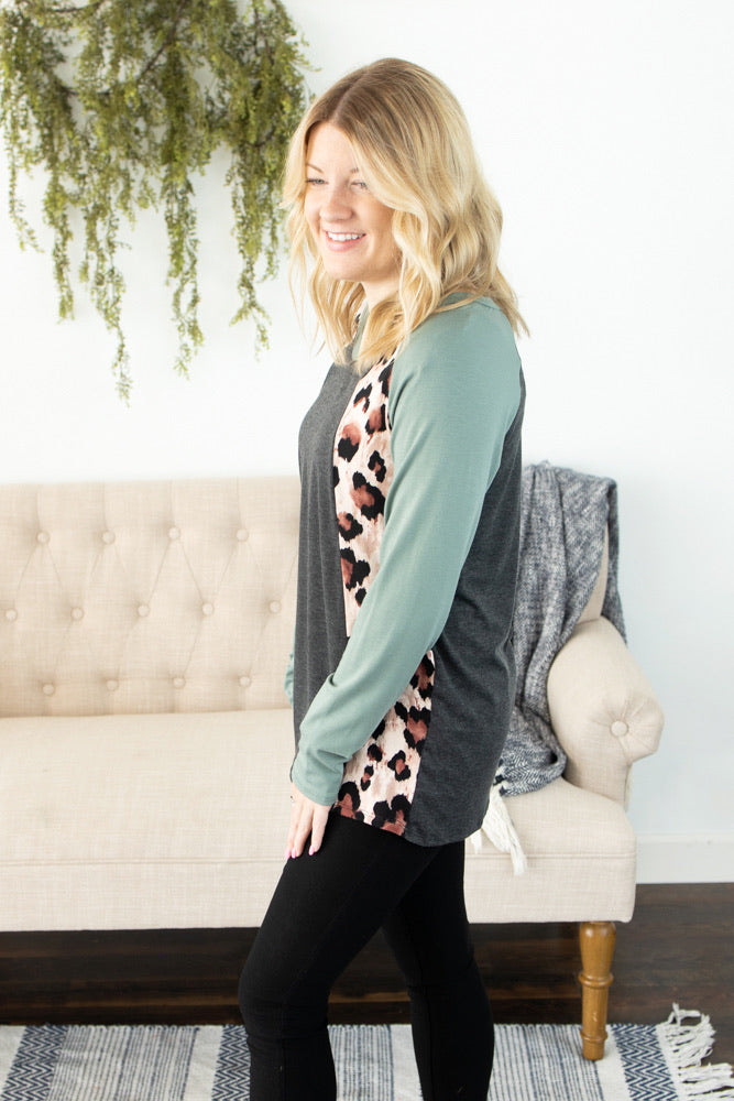 Raglan Animal Print Top - Charcoal