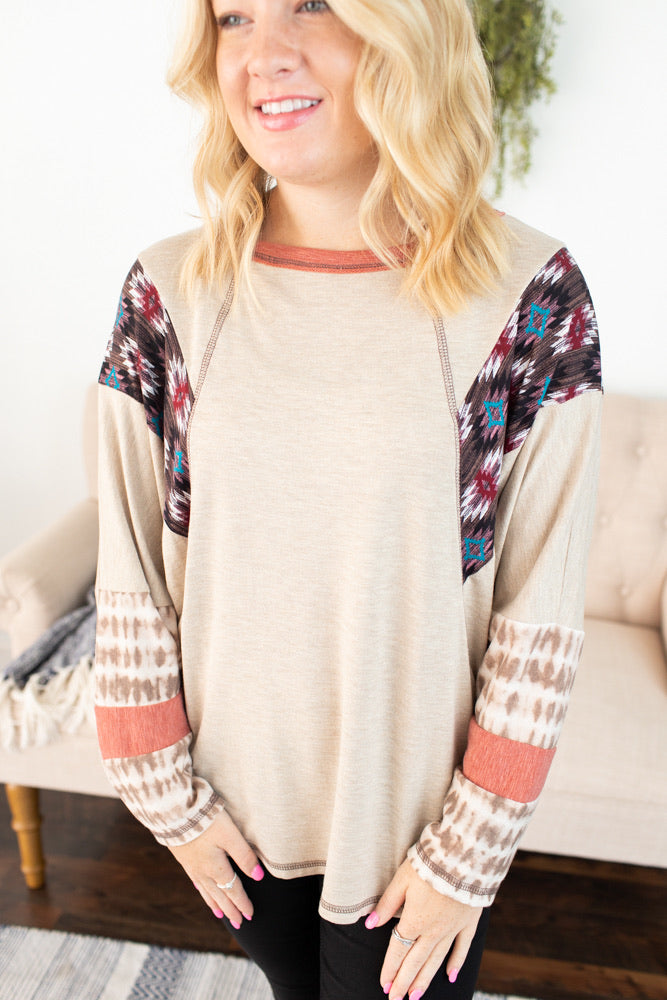 Solid Mix Print Top - Oatmeal