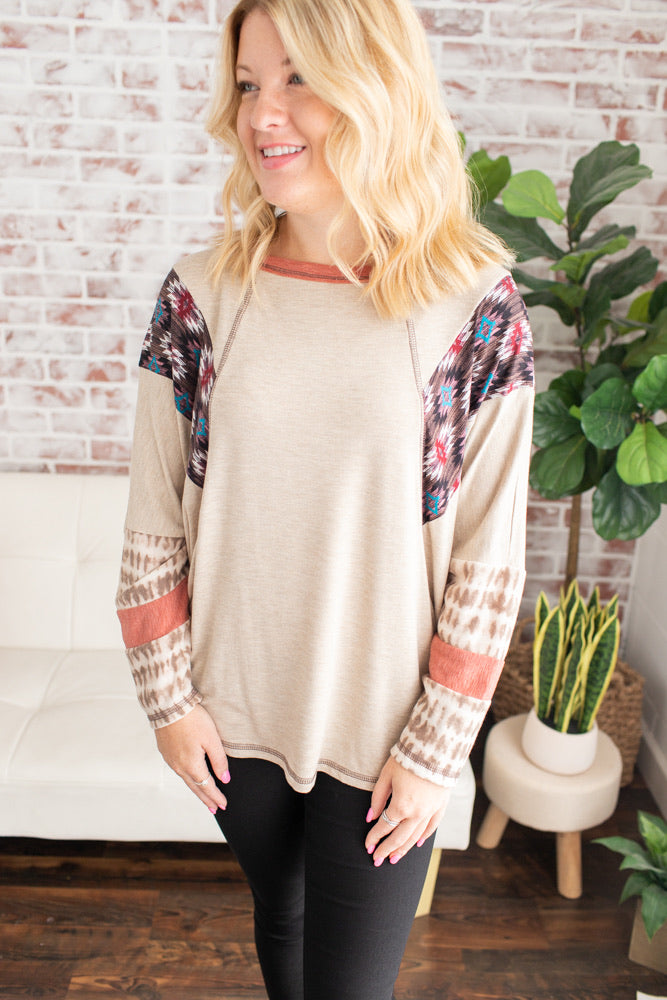Solid Mix Print Top - Oatmeal