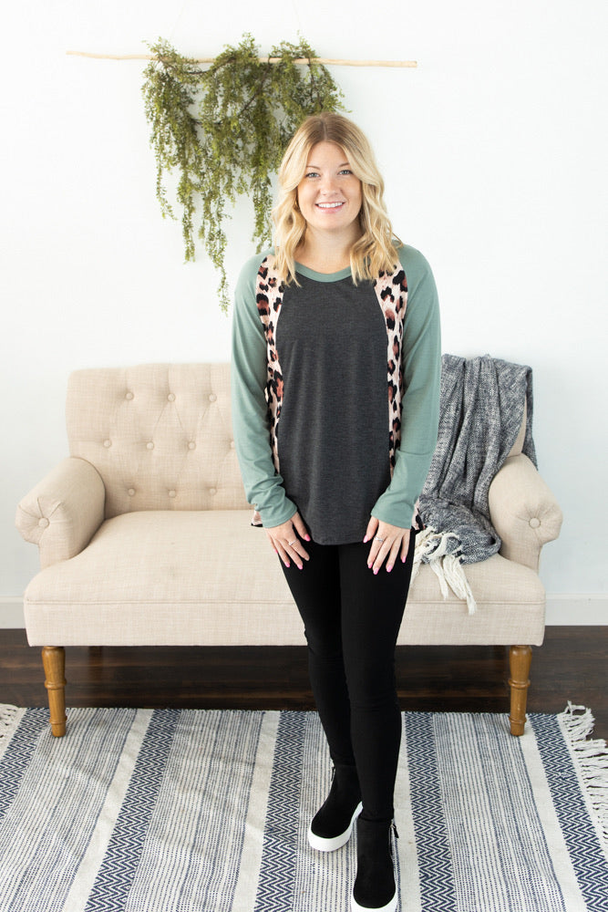 Raglan Animal Print Top - Charcoal