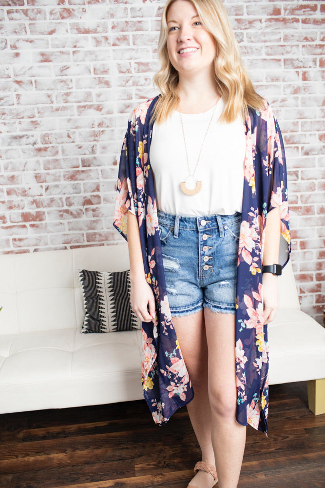 Floral Detail Cardigan - Navy