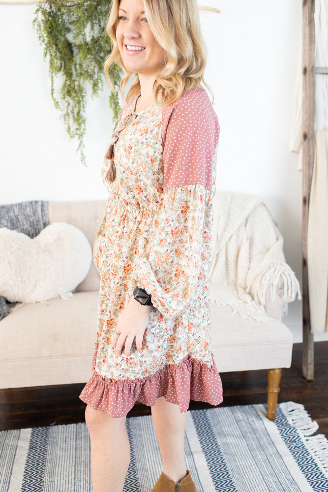 Floral/Dot Mixed Print Dress - Ivory Mix