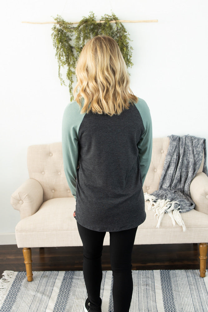 Raglan Animal Print Top - Charcoal