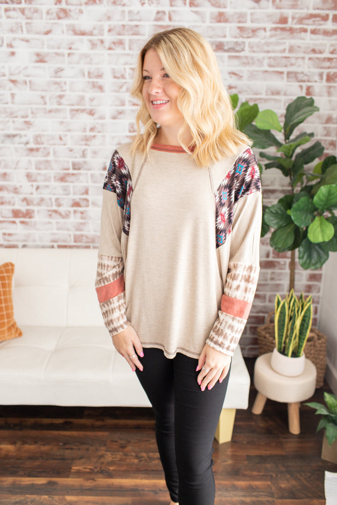 Solid Mix Print Top - Oatmeal