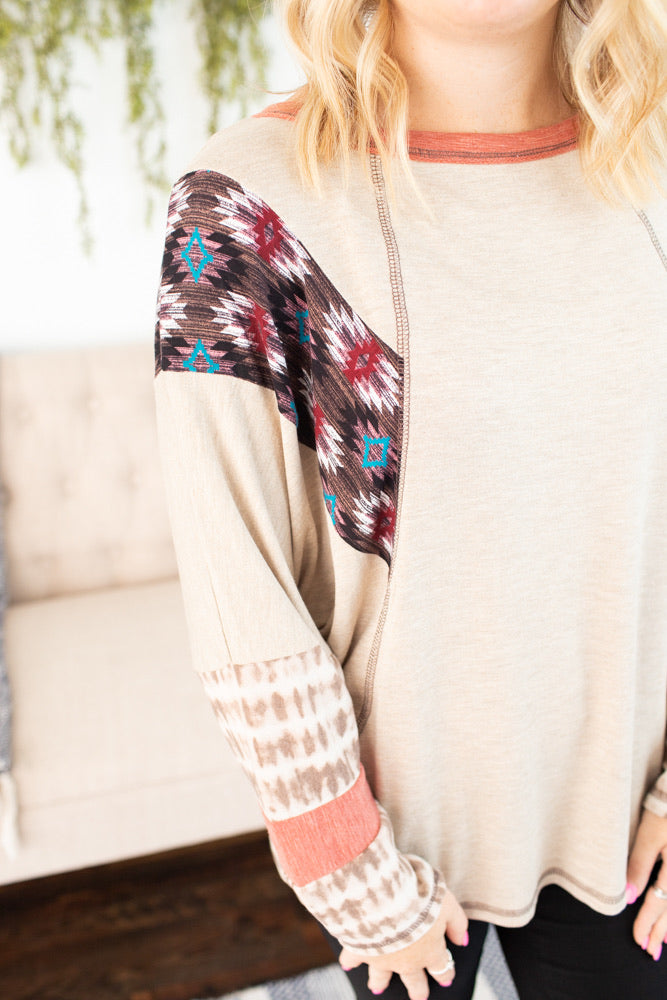 Solid Mix Print Top - Oatmeal