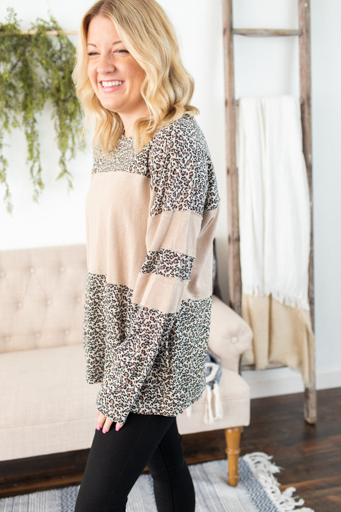Raw Edge Animal Print Top - Taupe