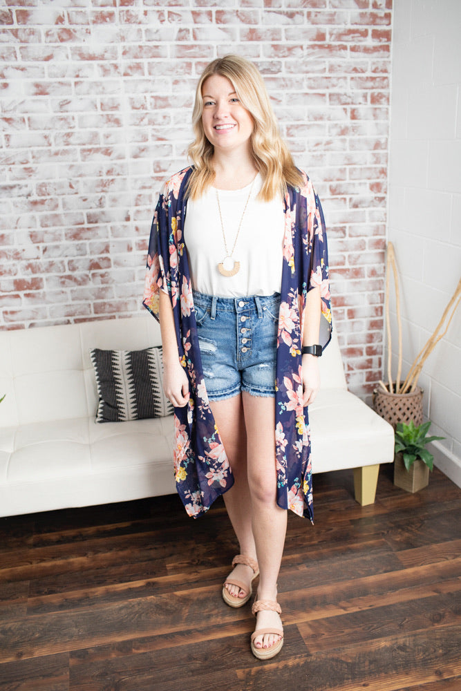 Floral Detail Cardigan - Navy