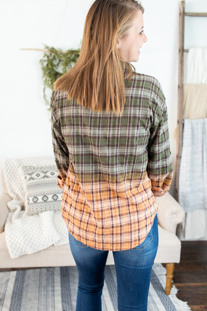 Bleach Check Plaid Button Top - Olive Multi
