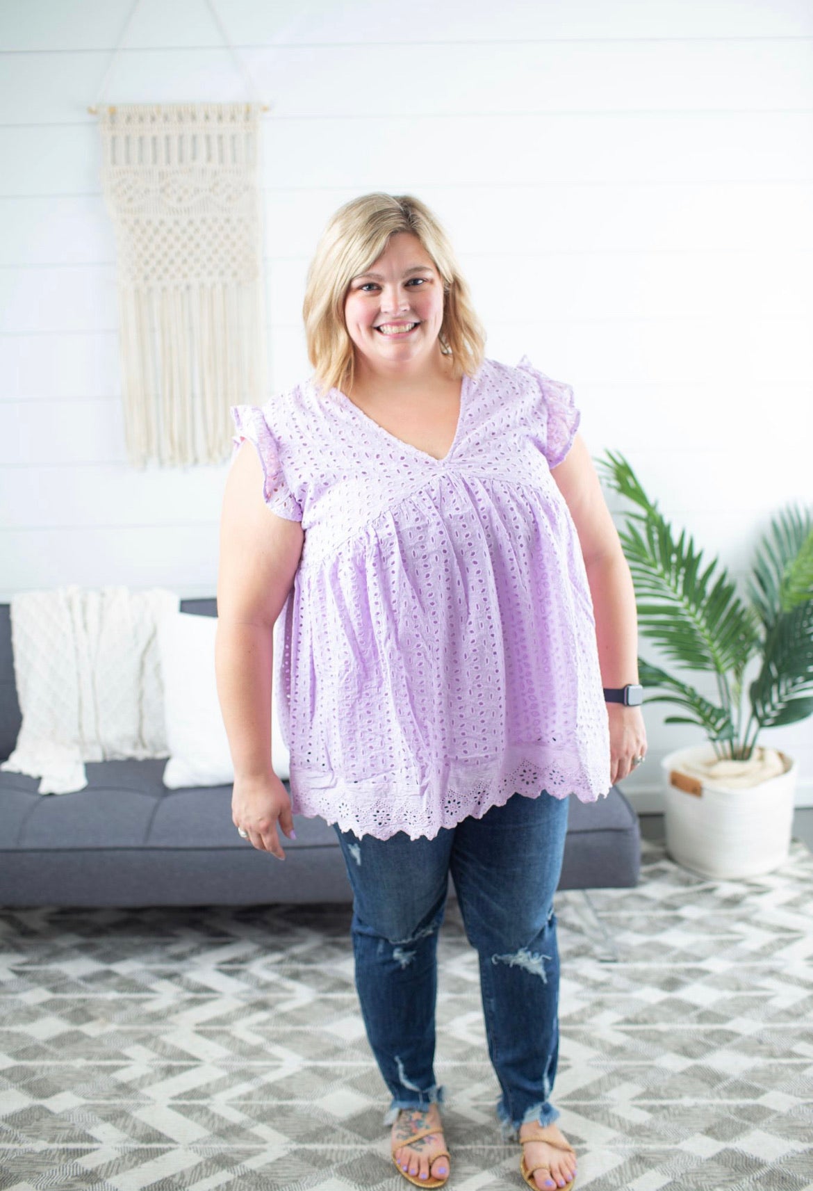 V Neck Crochet Lace Top Plus - Lilac