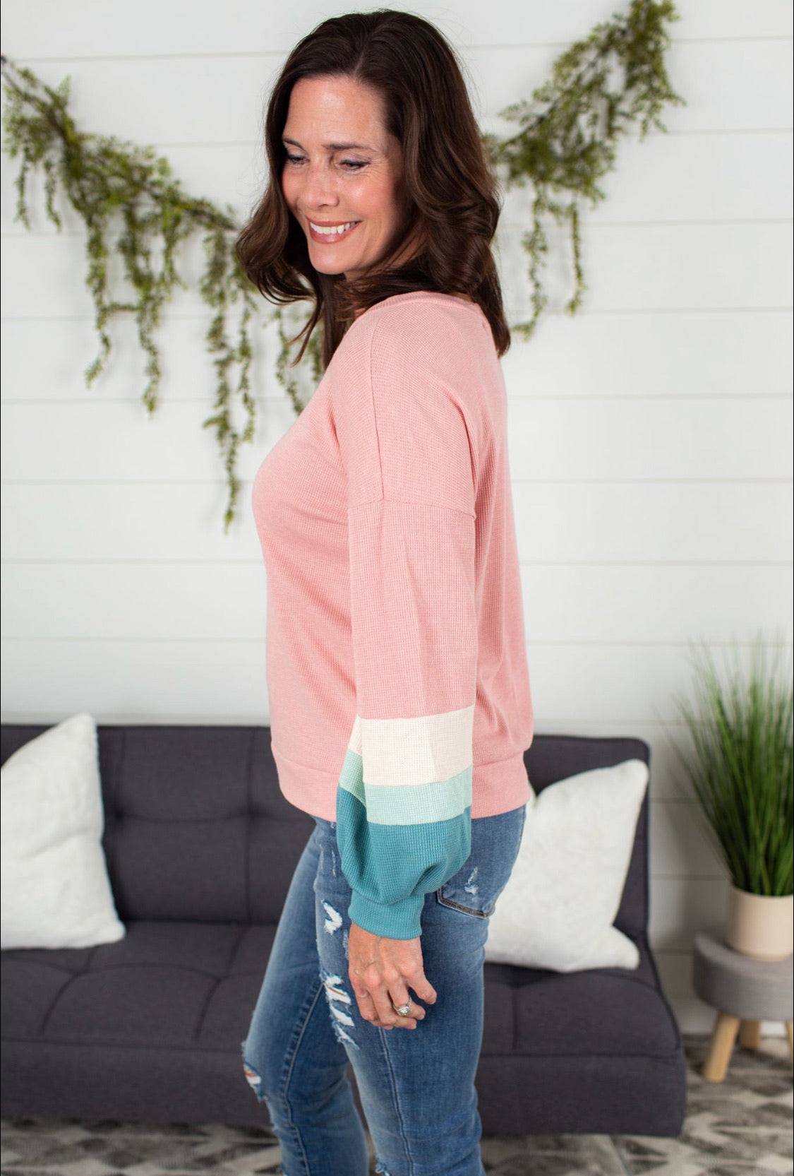 V Neck Balloon Sleeve Top - Dusty Pink