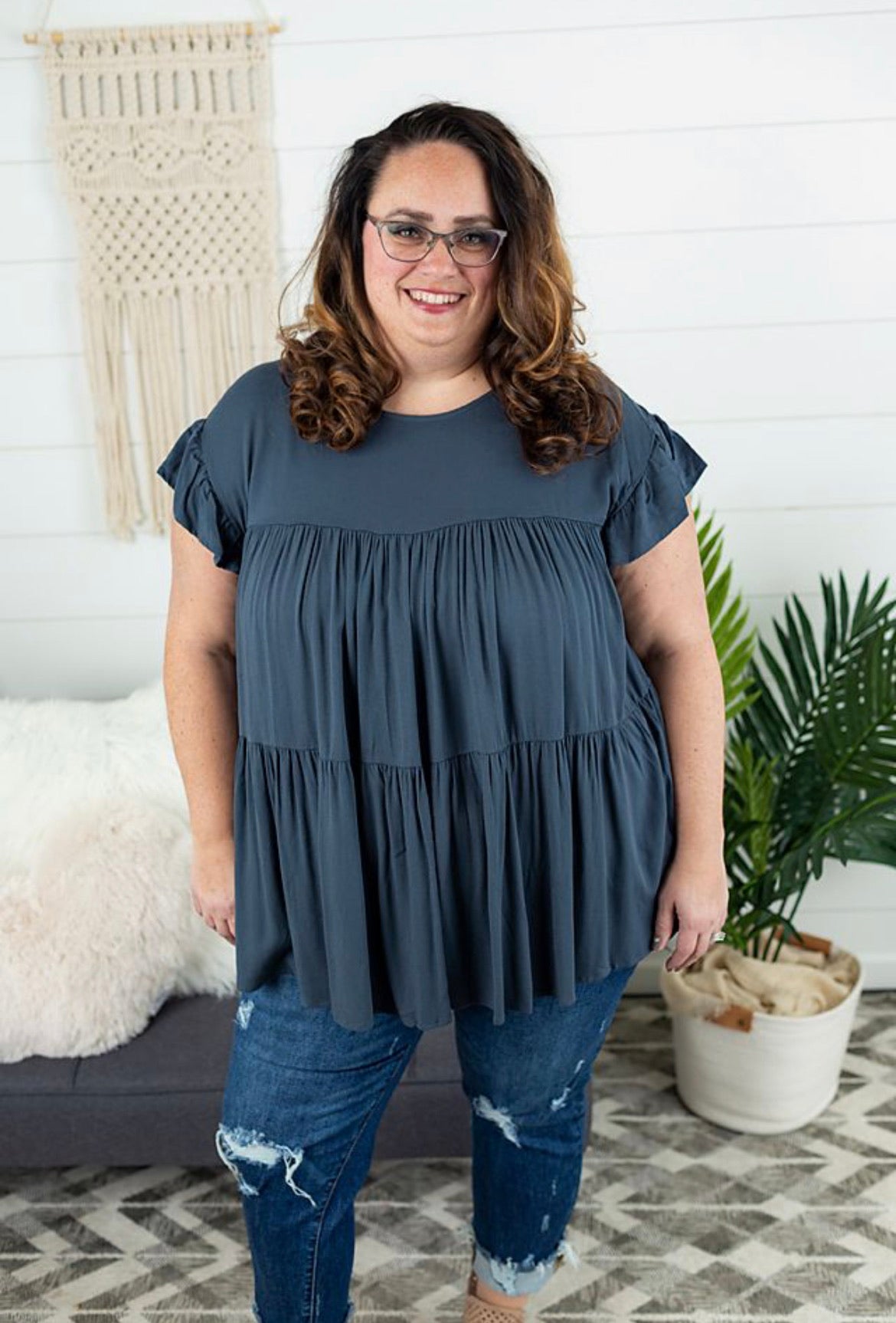 Solid Tiered Ruffle Sleeve Top - Plus