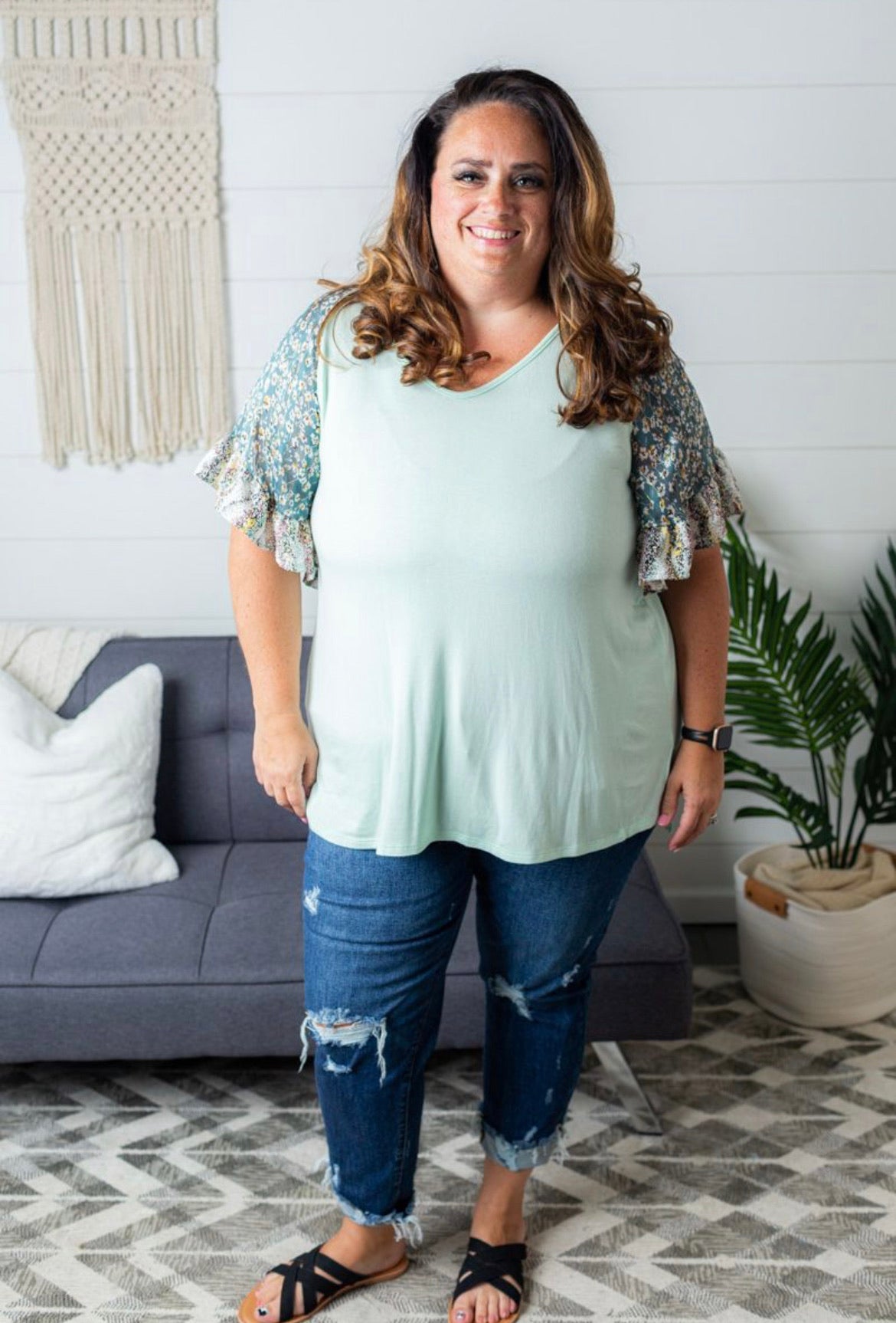 Solid Print Floral Knit Top - Mint