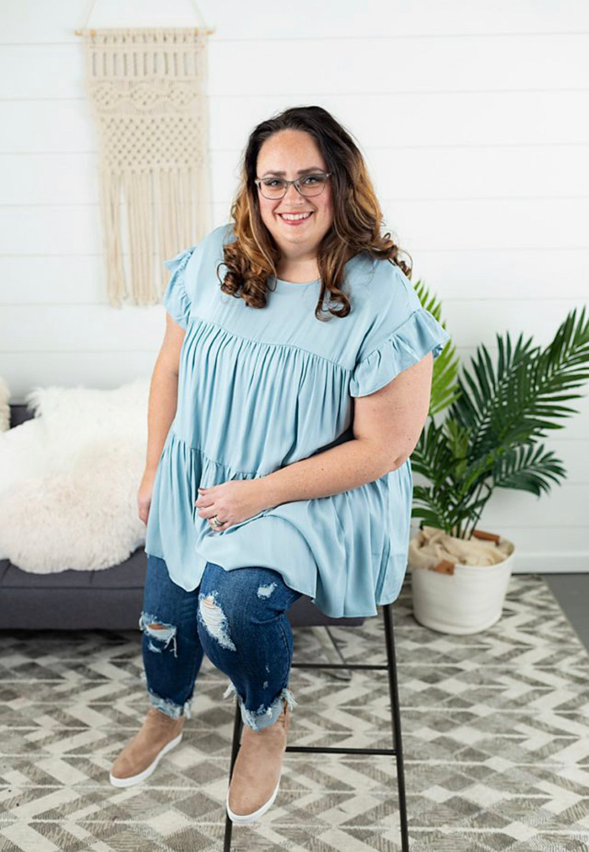 Solid Tiered Ruffle Sleeve Top - Plus