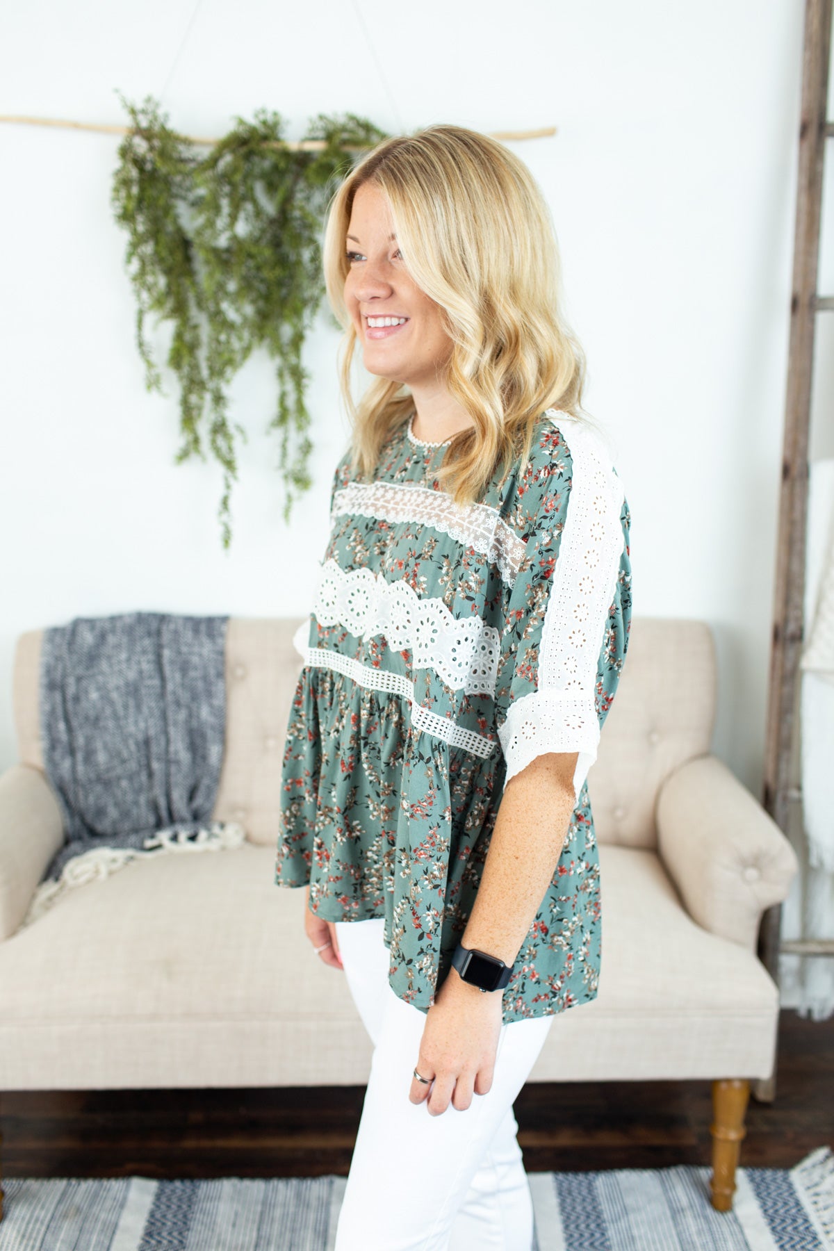 Floral Eyelet Detail Top - Sage