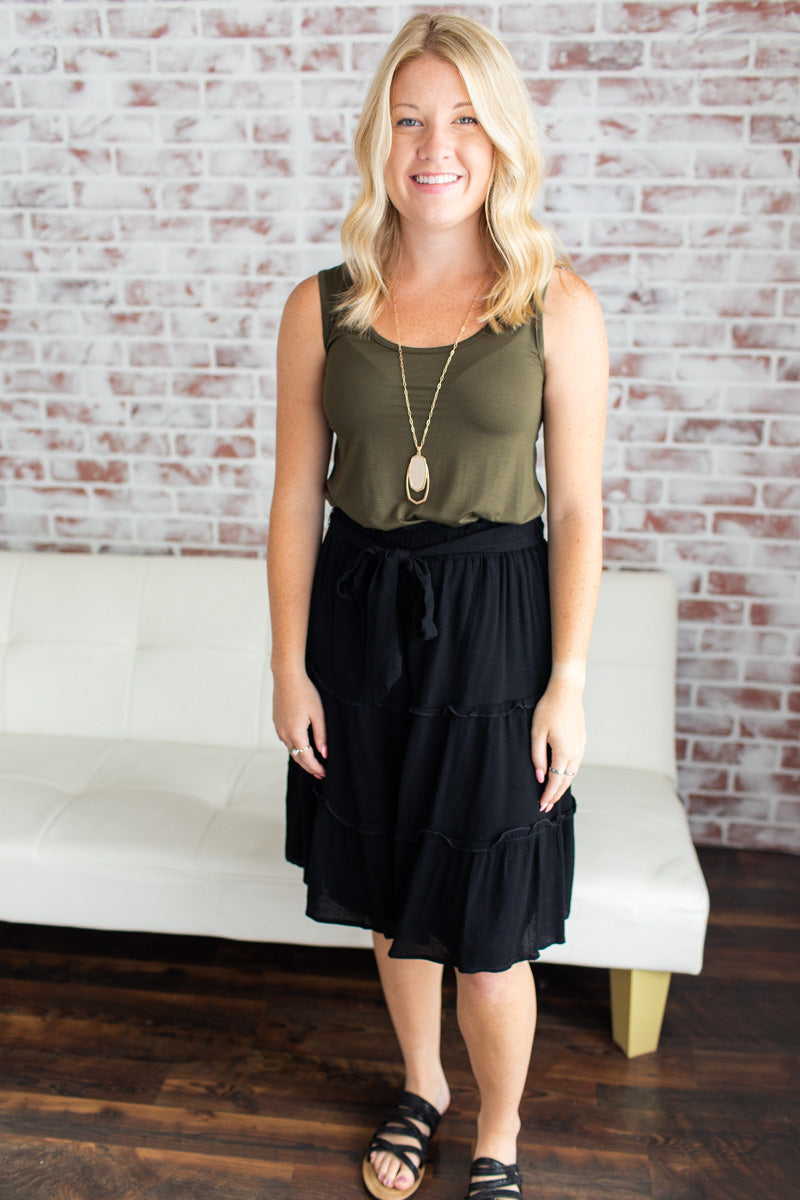 Solid Print Midi Tiered Skirt