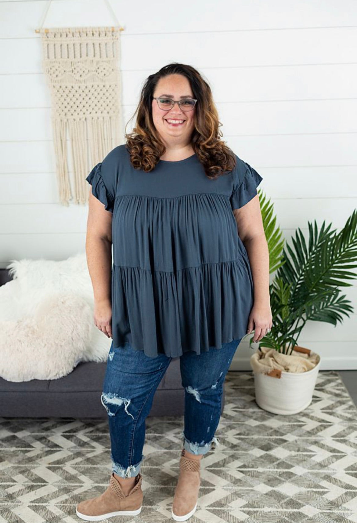 Solid Tiered Ruffle Sleeve Top - Plus