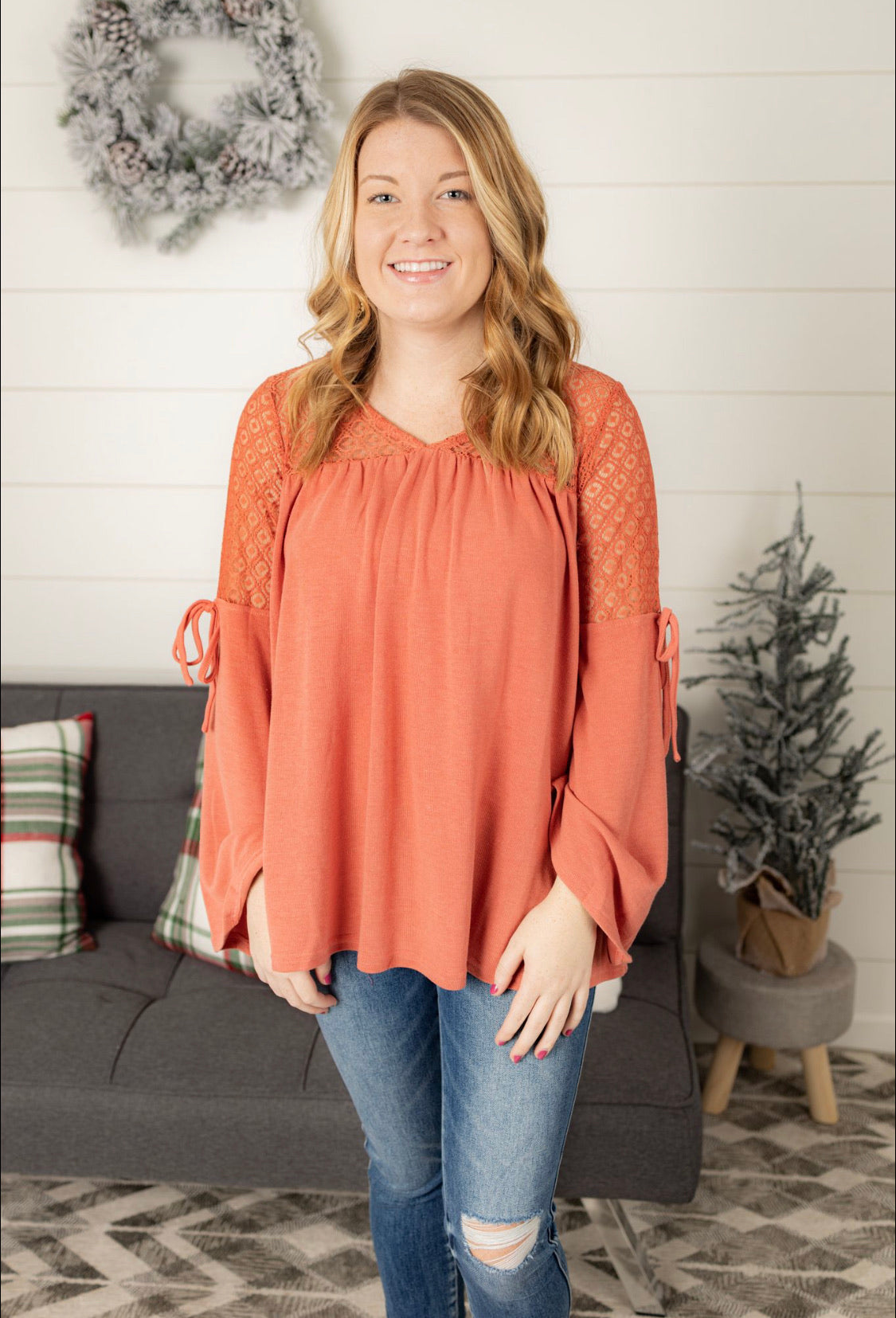 V Neck Bell Sleeve Top - Marsala