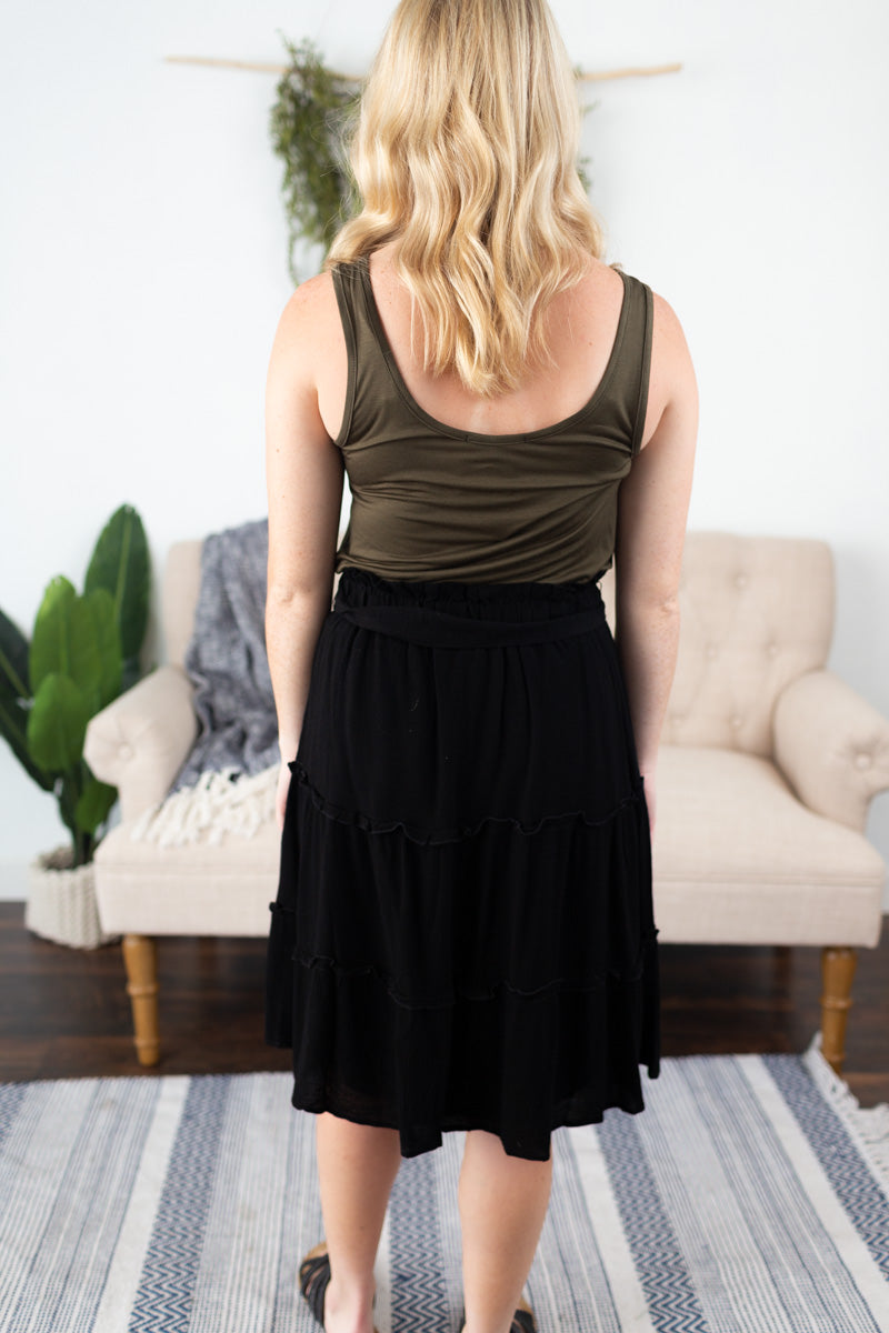 Solid Print Midi Tiered Skirt