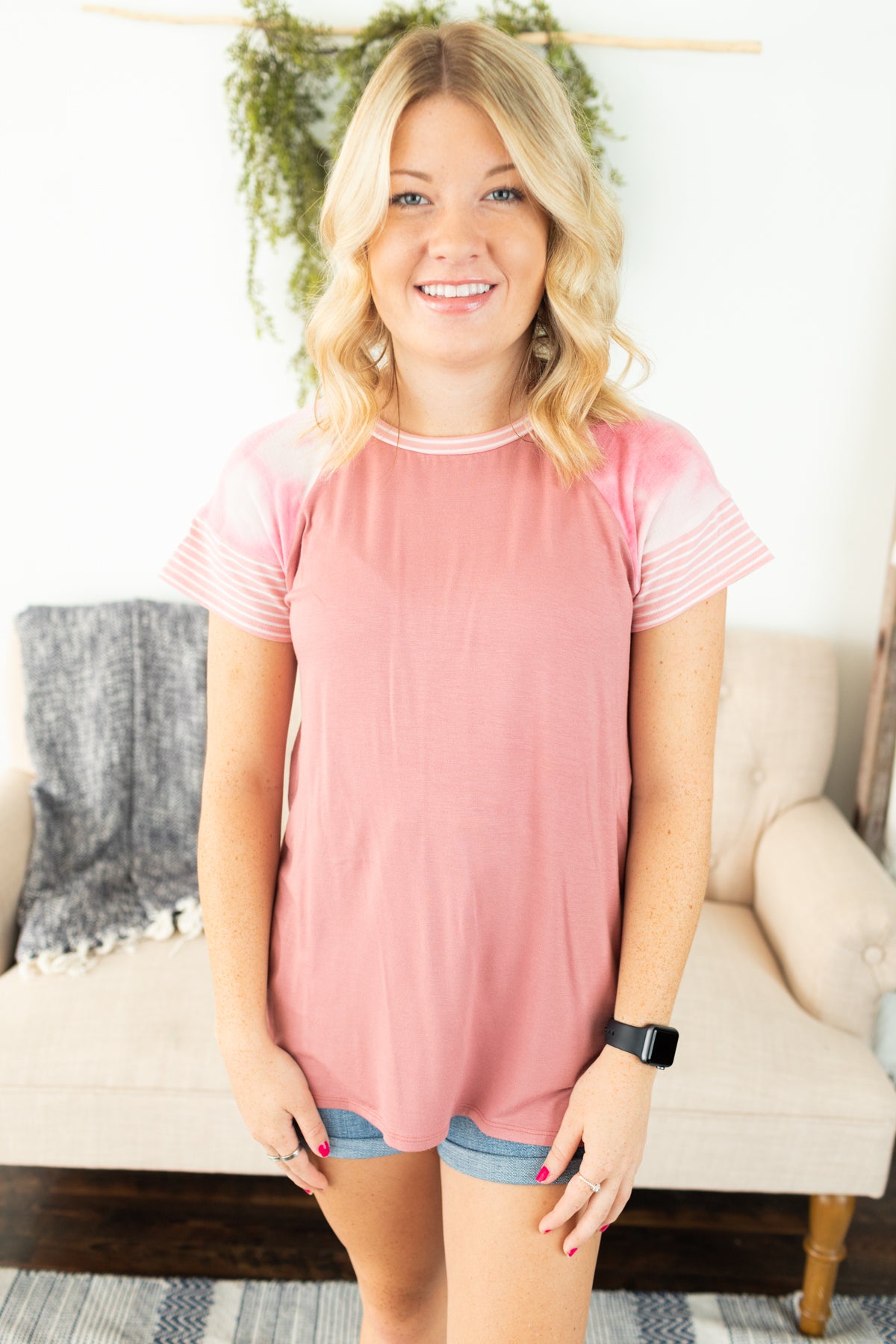 Raglan Mixed Fabric Top - Mauve