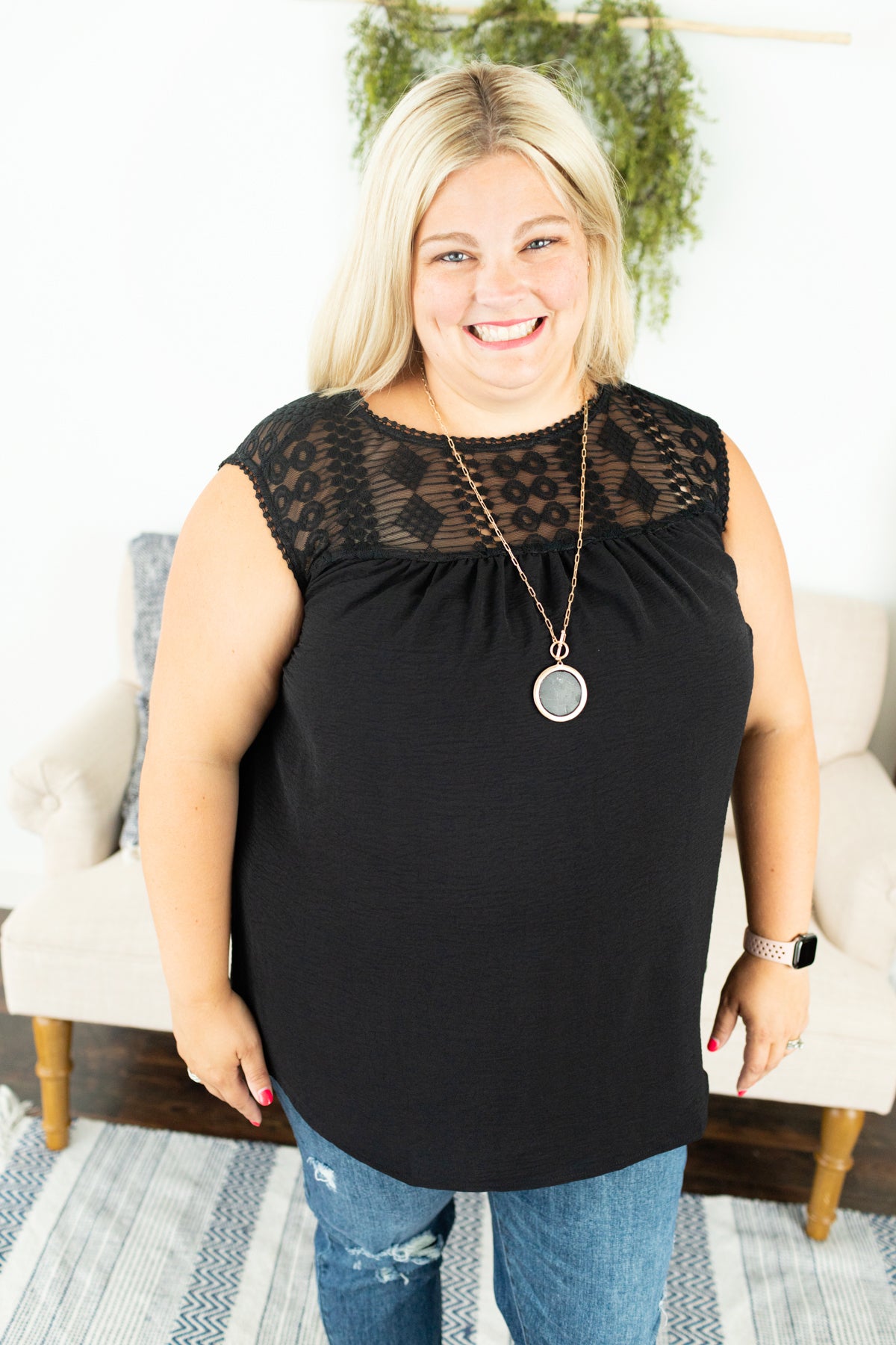 Black Sleeveless Lace Top - Plus