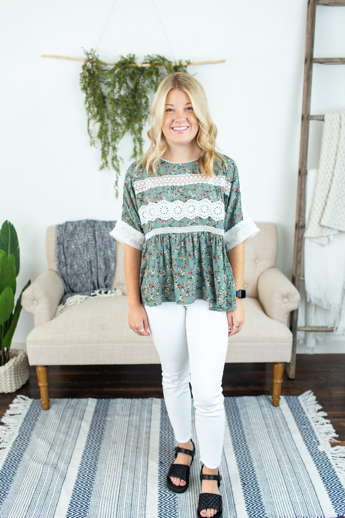 Floral Eyelet Detail Top - Sage