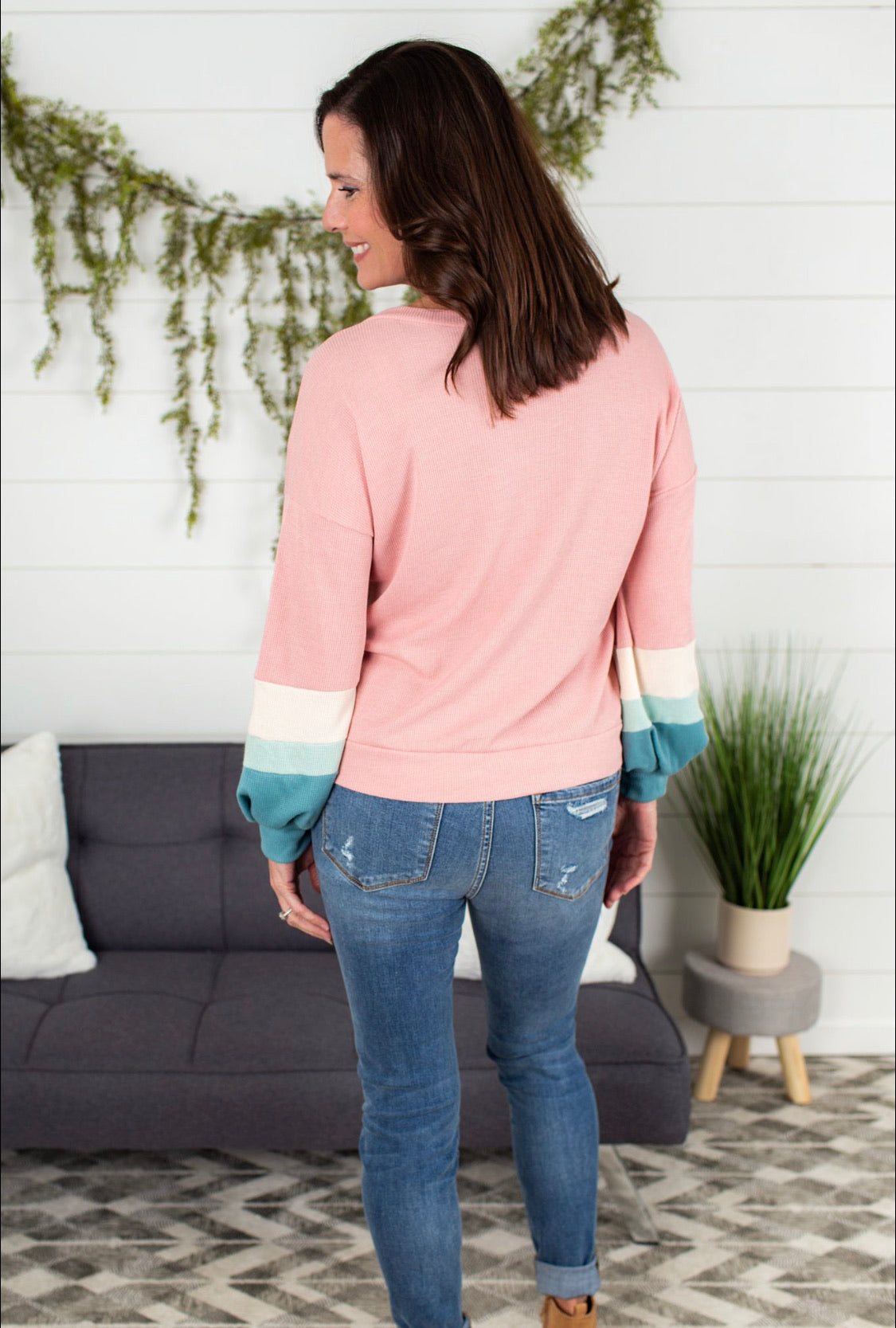 V Neck Balloon Sleeve Top - Dusty Pink