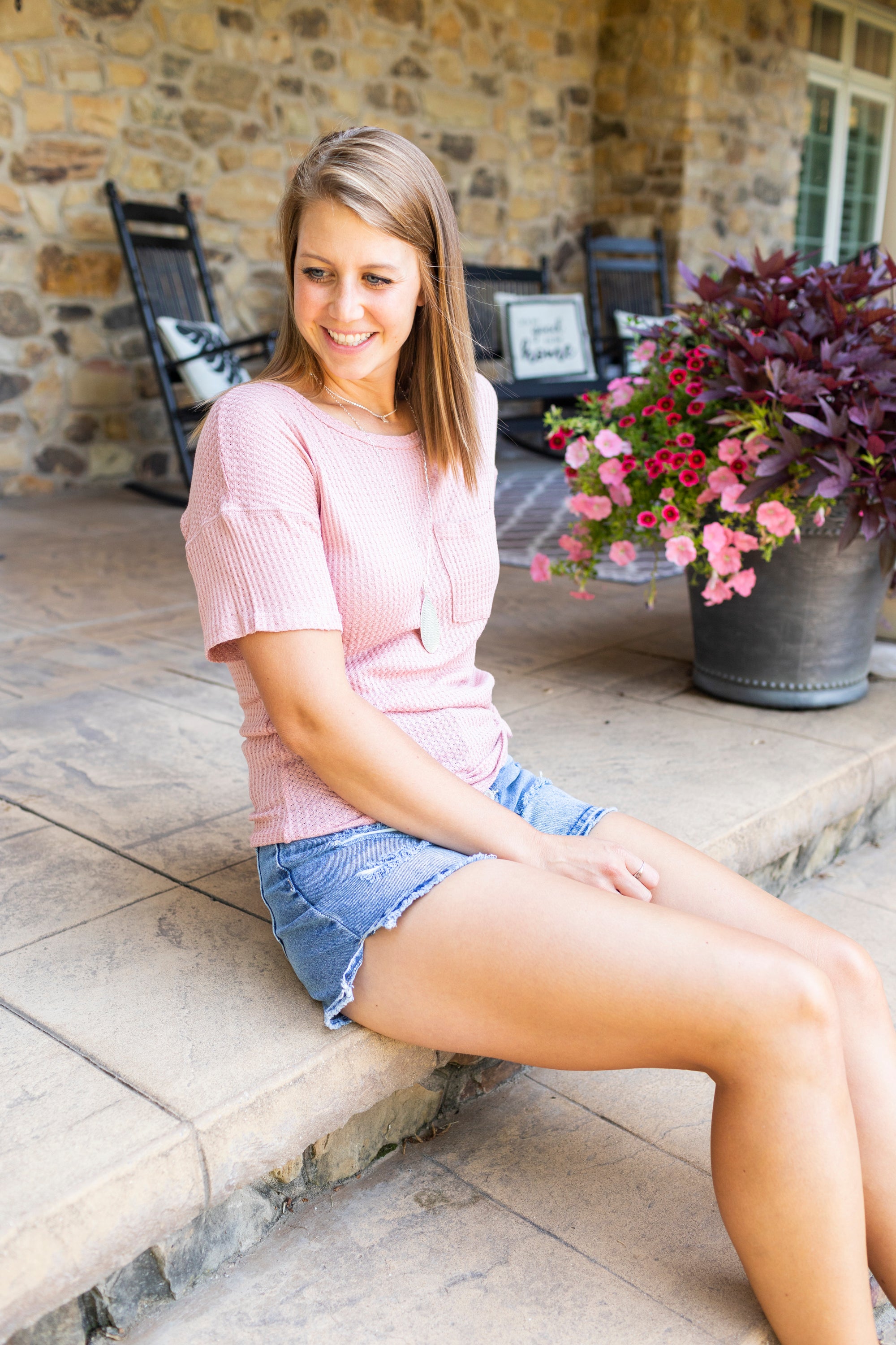 Solid Waffle Knit Pocket Top - Blush