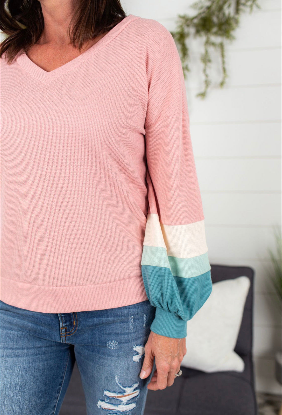 V Neck Balloon Sleeve Top - Dusty Pink