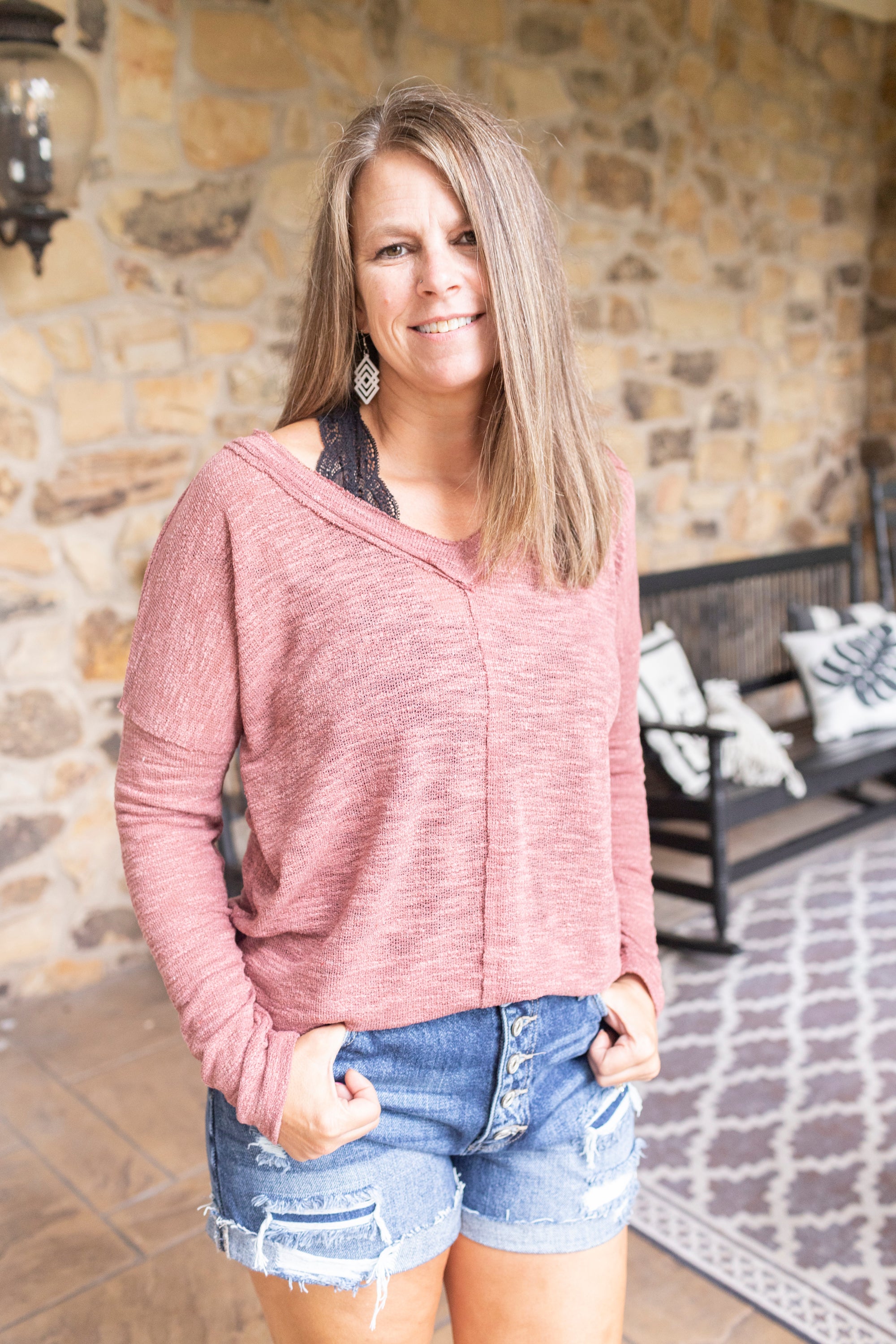 Raw Edge V Neck Top - Cooper