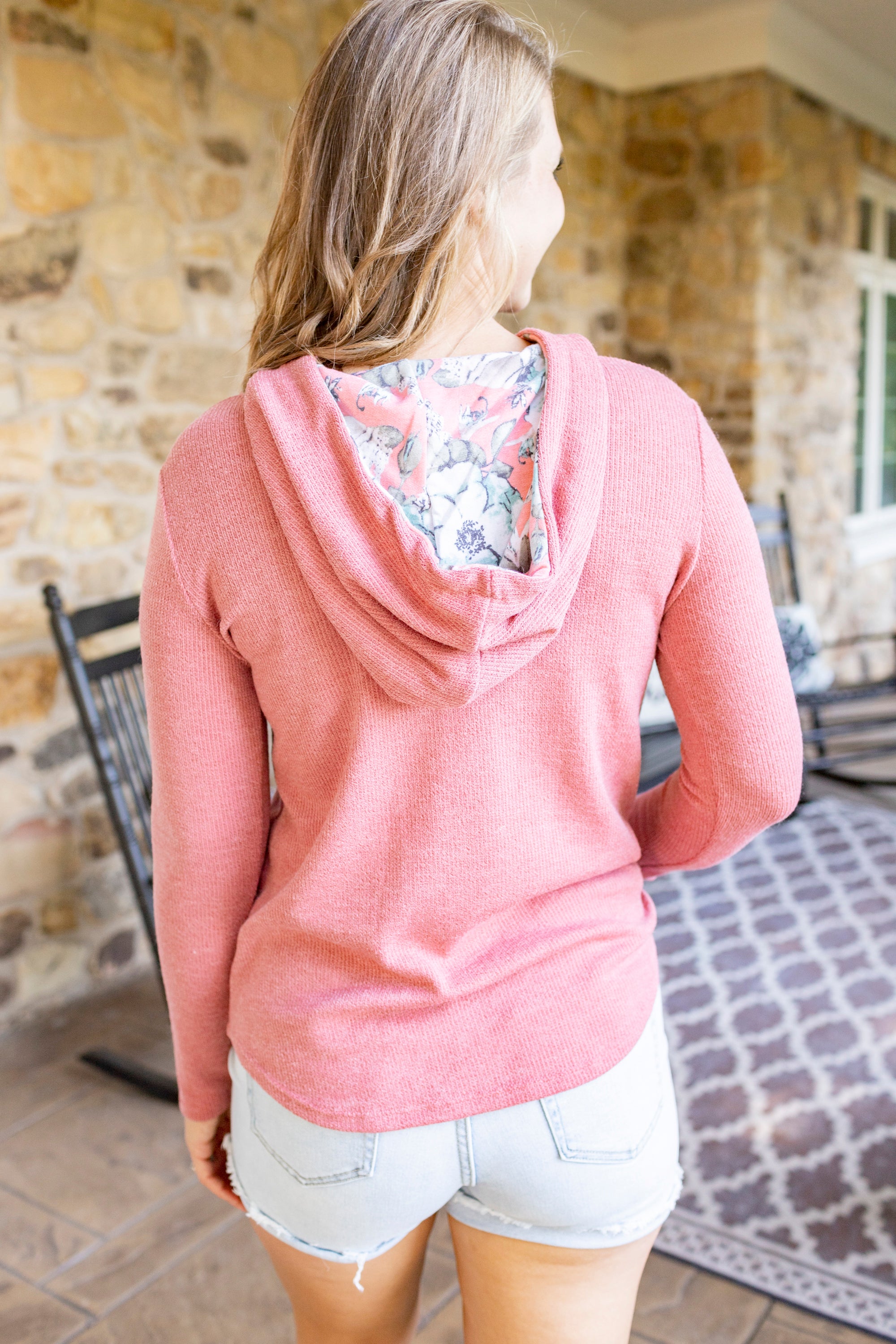 Floral Contrast Hoodie - Marsala