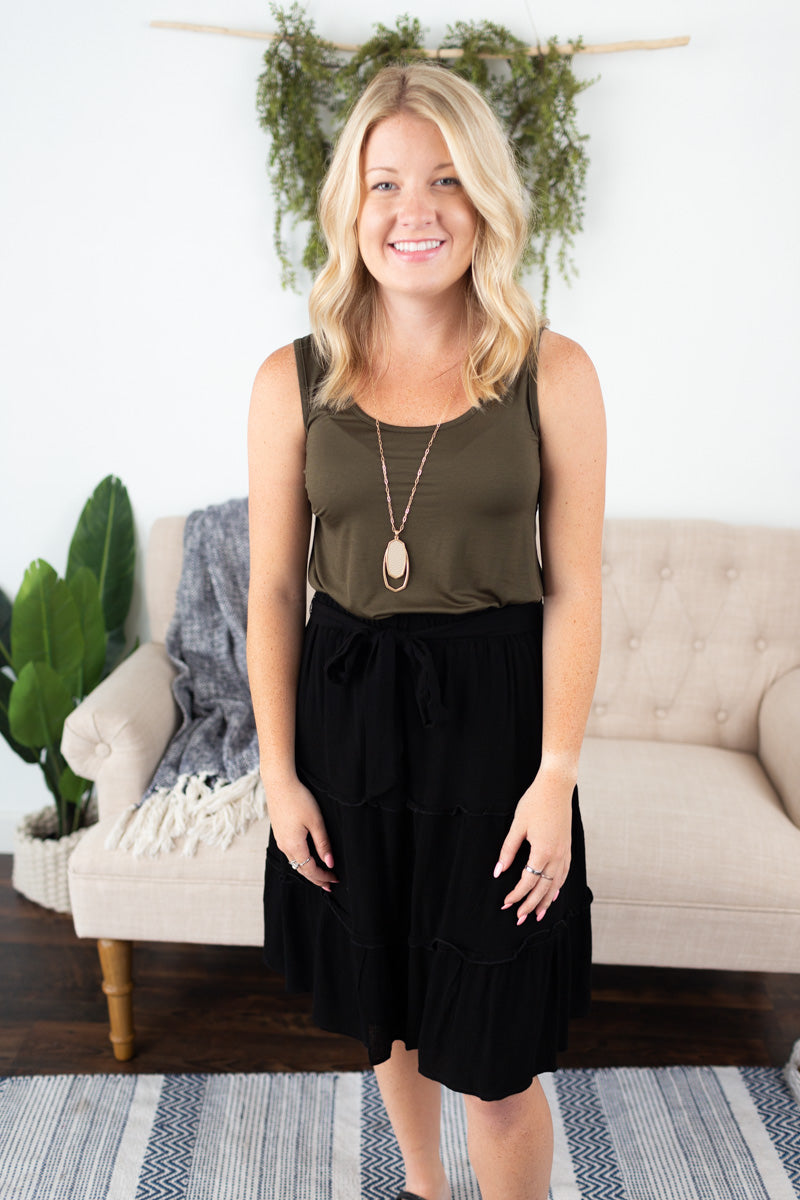 Solid Print Midi Tiered Skirt