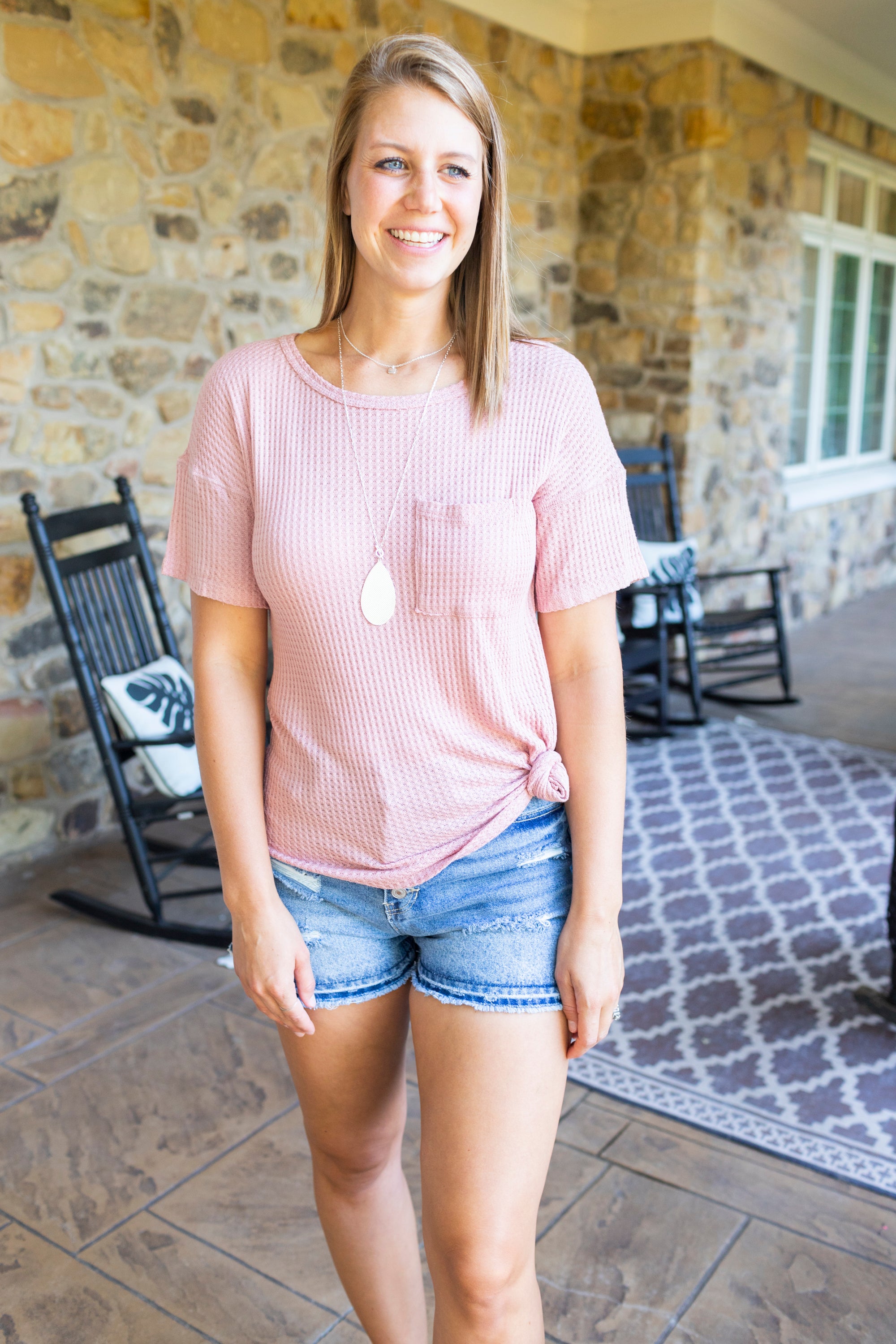 Solid Waffle Knit Pocket Top - Blush