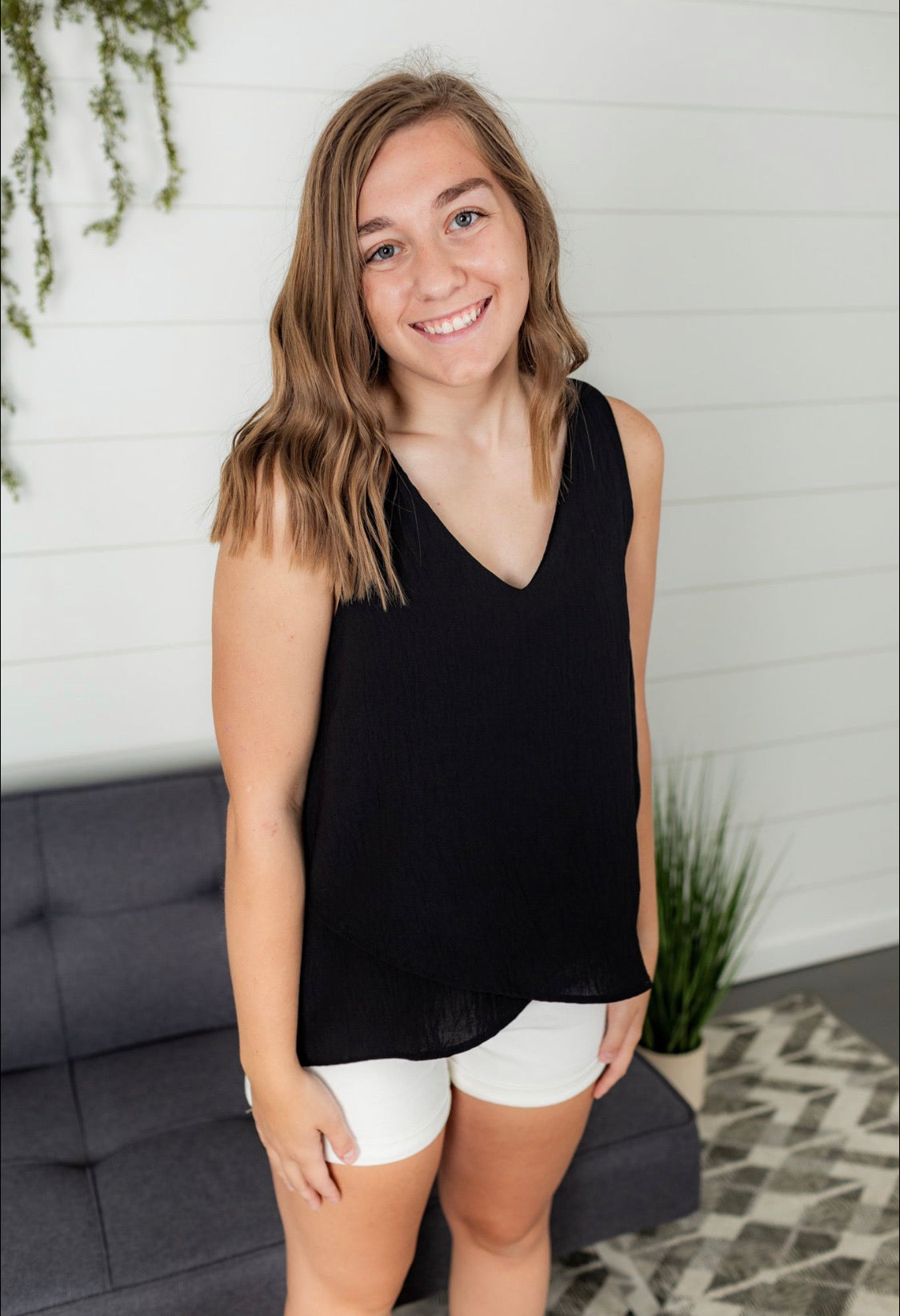 V Neck Asymmetrical Crossover Hem - Black
