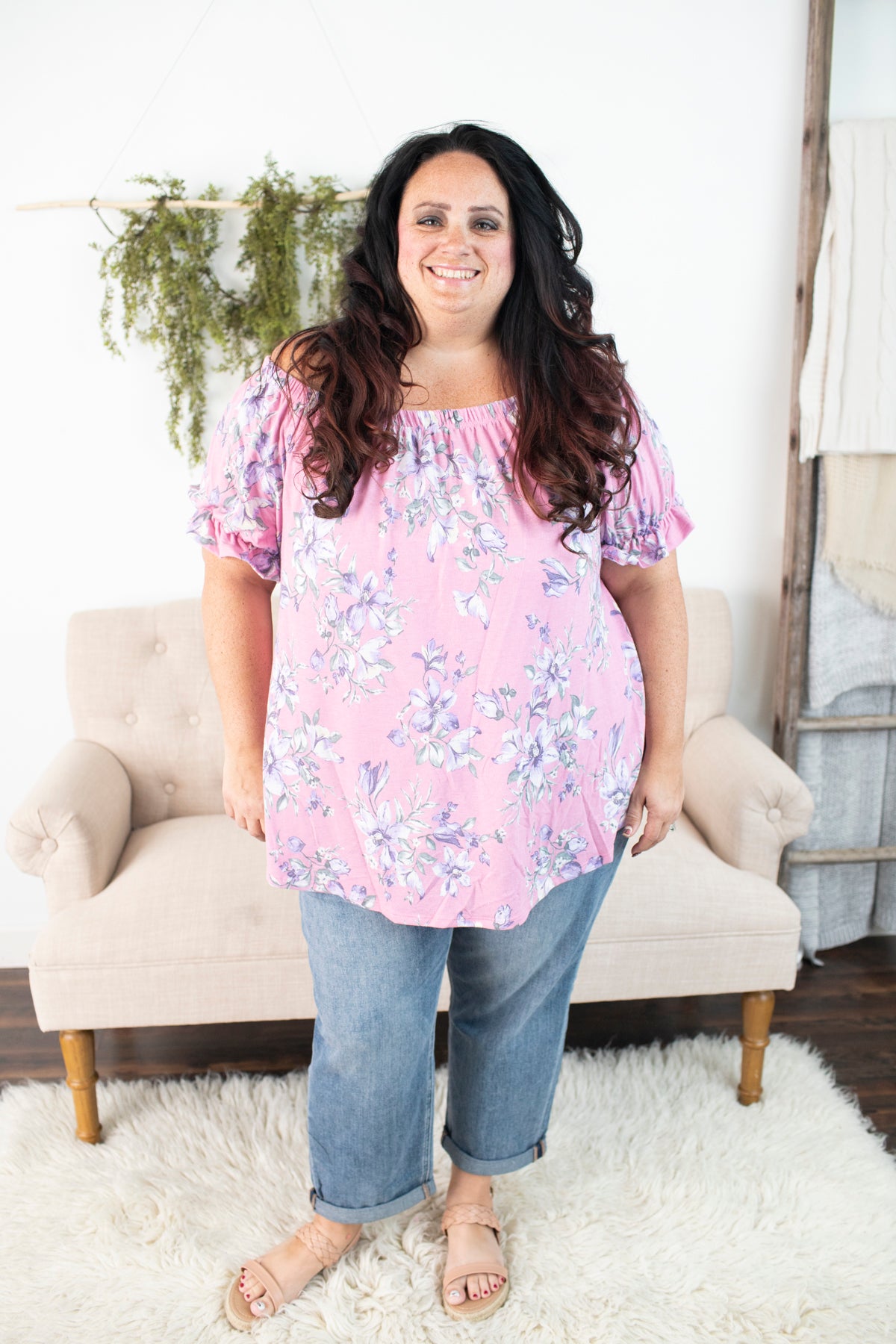 Pink Off Shoulder Floral Puff Sleeve Top - Plus