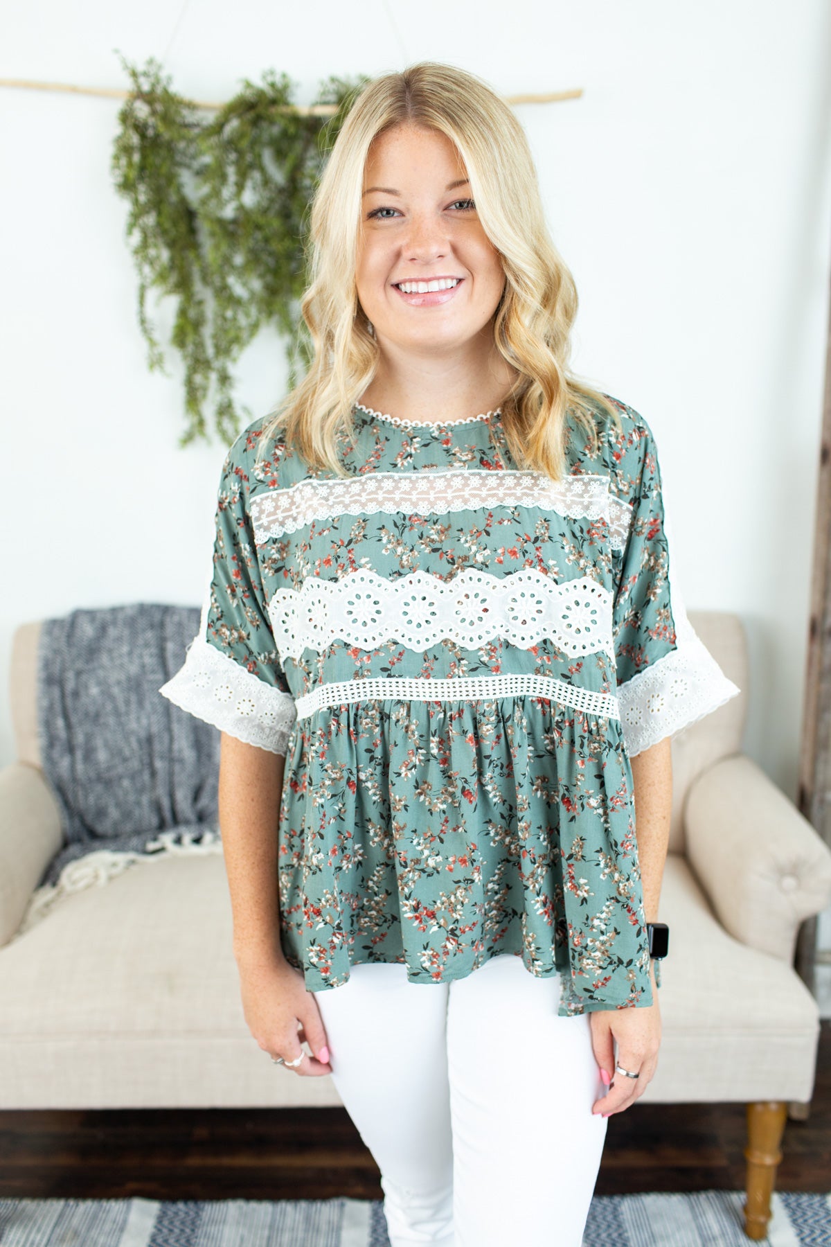 Floral Eyelet Detail Top - Sage